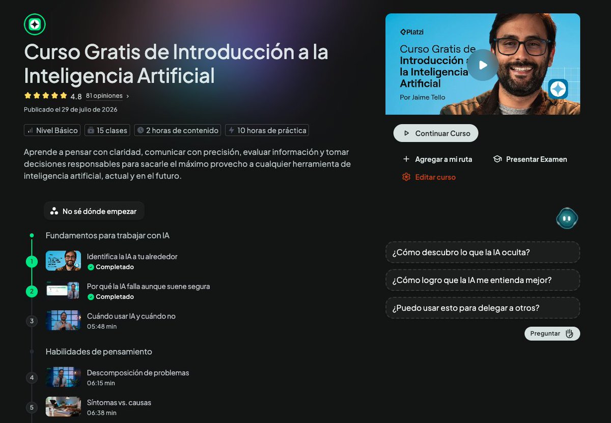 platzi's tweet photo. 🌟Acabamos de renovar el Curso GRATIS de introducción a la inteligencia artificial.

Un curso para sacarle el máximo provecho a cualquier herramienta de inteligencia artificial, actual y en el futuro.

Aprende comunicar con precisión, evaluar información y tomar decisiones responsables con tu criterio.

Empieza a aprender hoy.