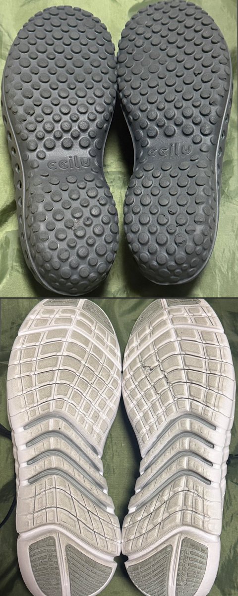 symbiote_k's tweet photo. 👣専用シューズ現状 #DDRWorld

⚫︎フリーラン5.0 NN
DP開始して現在約300クレ経過、左足裏ダメージ発生
元々サイズ表記より小さめ設計で、大きいサイズ予備購入

⚫︎チル サマーヌード 
SP専Lv18以上多めの1200クレでも摩耗少なく、���久性は著しく高い 
DP近頃試し中　横移動や16分乱打が楽？ https://t.co/WQO07vBmpV