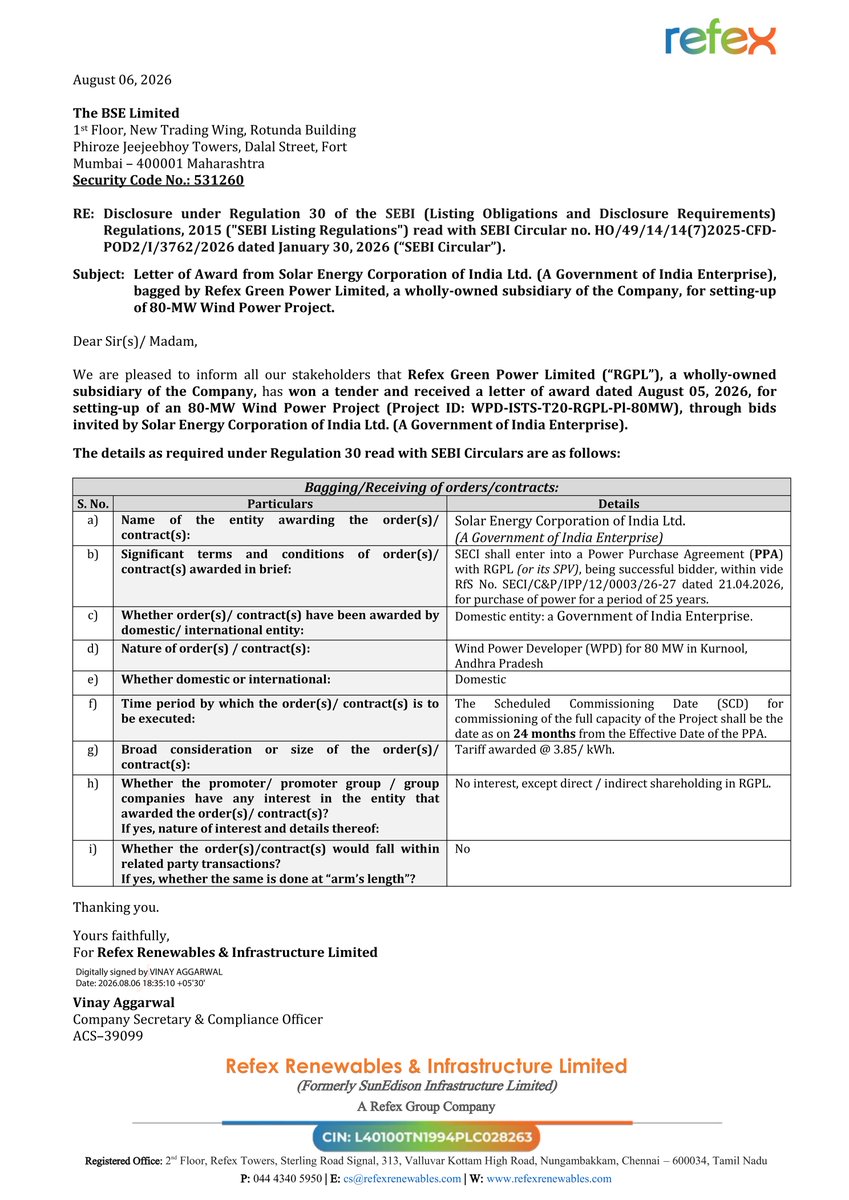 stocknewslatest's tweet photo. #REFEXRENEW Refex Green Power Limited, a subsidiary, won an 80-MW Wind Power Project from Solar Energy Corporation of India Ltd. on August 5, 2026. SECI will enter a 25-year Power Purchase Agreement at INR 3.85/kWh. The project is expected to be commissioned within 24 months. https://t.co/iRul48IE2B