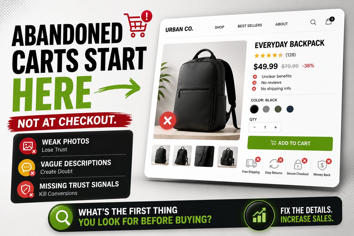 StellaDevTech's tweet photo. Most abandoned carts don't happen at checkout.

They start on the product page.

Weak photos, vague descriptions, and missing trust signals quietly kill conversions.

What's the first thing you look for before buying?

#Shopify #eCommerce https://t.co/SiQ4WAYt9L