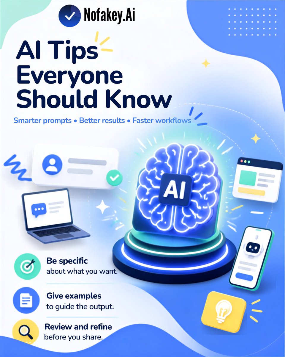 nofakey_ai's tweet photo. AI Tips Everyone Should Know!
Better prompts = better results = faster workflows 
Be specific. Give examples. Review and refine.
Small changes to your prompts can make a BIG difference! 💡

#AITips #ArtificialIntelligence #AI #PromptEngineering #Productivity #NoFakeyAI https://t.co/FggEbWJ6NB