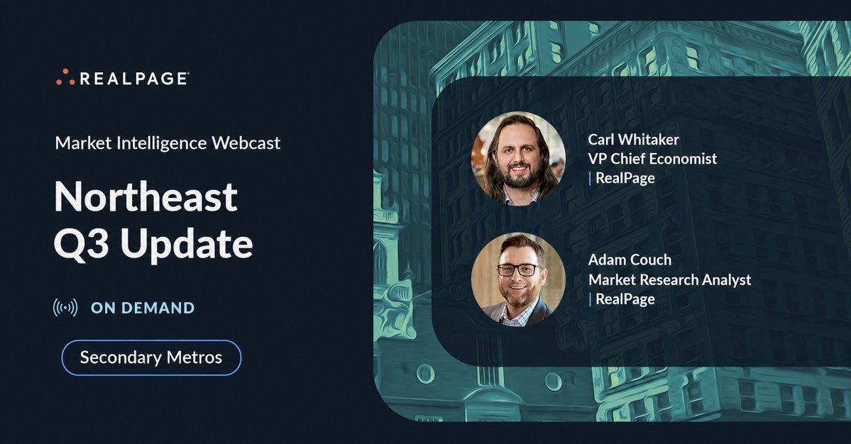 Realpage's tweet photo. As apartment market conditions across the Northeast begin to shift, understanding the dynamics behind supply, demand and performance is more important than ever.

In this on-demand webcast, Carl Whitaker, VP & Chief Economist, and Adam Couch, Market Research Analyst, examine how elevated supply levels are influencing market conditions across the Northeast's secondary and tertiary metros. Gain valuable insights into current performance trends, demand drivers and what the second half of 2026 may reveal about the outlook for 2027.

Watch now to explore key findings from markets across Pennsylvania, New York, New Jersey, Connecticut, Massachusetts, New Hampshire and Maine. https://t.co/isbwxMRzn6
