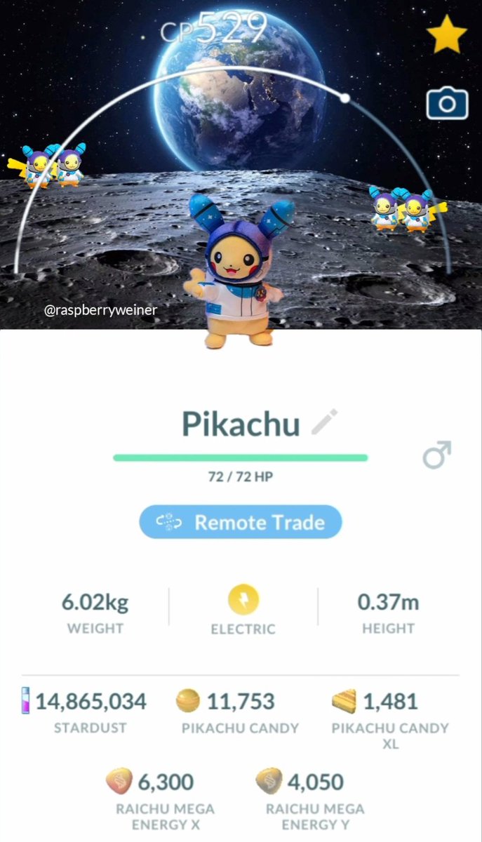 RaspberryWeiner's tweet photo. I think it would be cool if  Astronaut Pikachu had a moon background.. 👀🌚 #PokémonGO https://t.co/mWWaEOUOYn