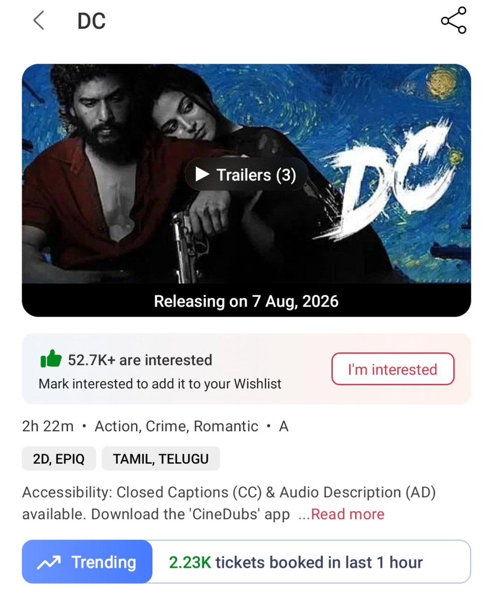 BNDBugle's tweet photo. 🔥 Lokesh Kanagaraj’s #DC 

🎟️ 2.23K+ tickets booked in just the last 1 hour! 🚀

#DCTheBloodyValentine https://t.co/LkOIJYW4ai