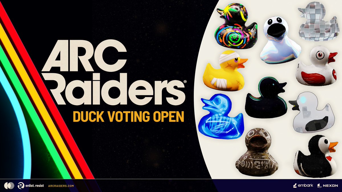ARCRaidersGame's tweet photo. DUCK VOTE OPENS TODAY 🦆
Thank you for 160+ incredible rubber duck submissions! We're excited to show off 10 ducks, chosen by the dev team, nearly every duck submitted was someone's favorite!

Voting is now open, head to the ARC Raiders Discord to vote on which three will be added to the game!
https://t.co/lA50ucHl8h
See you in Speranza!