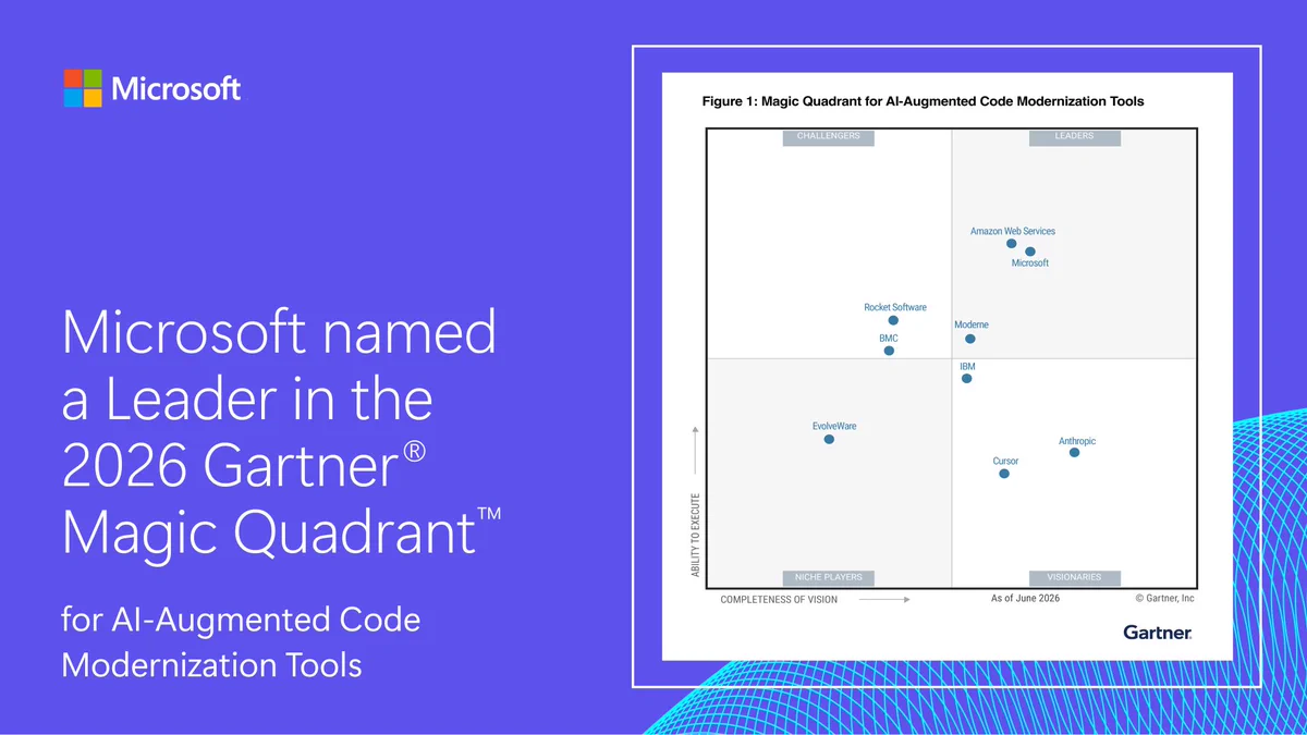 A chart titled 'Figure 1: Magic Quadrant for AI-Augmented Code Modernization Tools.' It shows a 2D plot with Microsoft's logo positioned in the 'Leader' quadrant, along with several other companies marked on the grid.