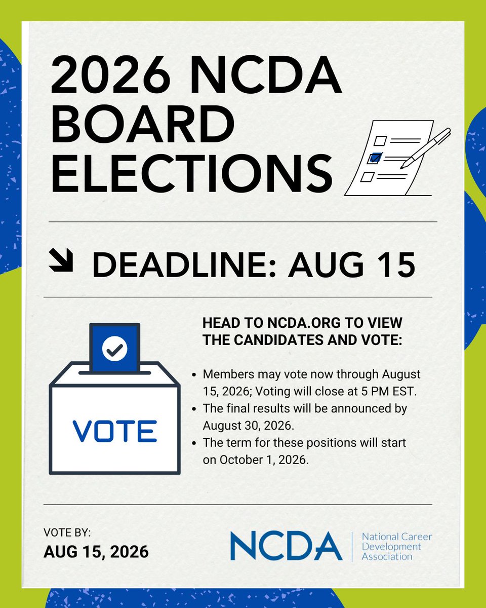 ncdaCareer's tweet photo. Have you voted yet? NCDA members are encouraged to participate in the 2026 Board Elections and make their voices heard.

✔️ Review candidate bios and speeches
✔️ Vote by August 15
✔️ Final results will be announced by August 30

Cast your ballot today: https://t.co/rm88zekTEa https://t.co/BfhS4OLH7t