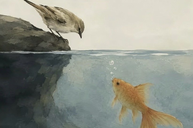 Lovandfear's tweet photo. If a birds falls in love with a fish, where will they live?

Maybe they won’t.
Maybe they’ll forever meet where the waves touch the sky, sharing moments that never last long enough, loving each other in the only place neither of them can truly stay. And maybe that’s what makes some love stories unforgettable because they were real enough to leave a home inside each other, even when they could never build one together..🩷