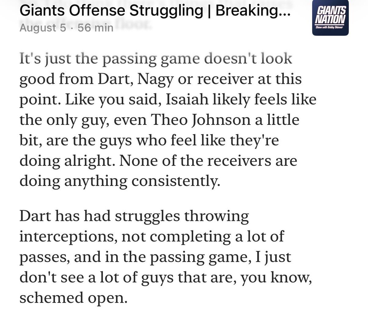DhananiZain's tweet photo. It still sounds like the Giants passing offense is struggling at training camp (Nabers, footwork, system, etc)

Dart has not looked great so far from reports

There’s already a lot of Matt Nagy complaints about the system from what I’ve heard and read

Take: I really like Jaxson Dart as a player - I’ve talked about my fade on him this season (mainly due to situation). I didn’t expect it to sound smooth, but we’re already getting Nagy blame.

Via Giants Nation Show