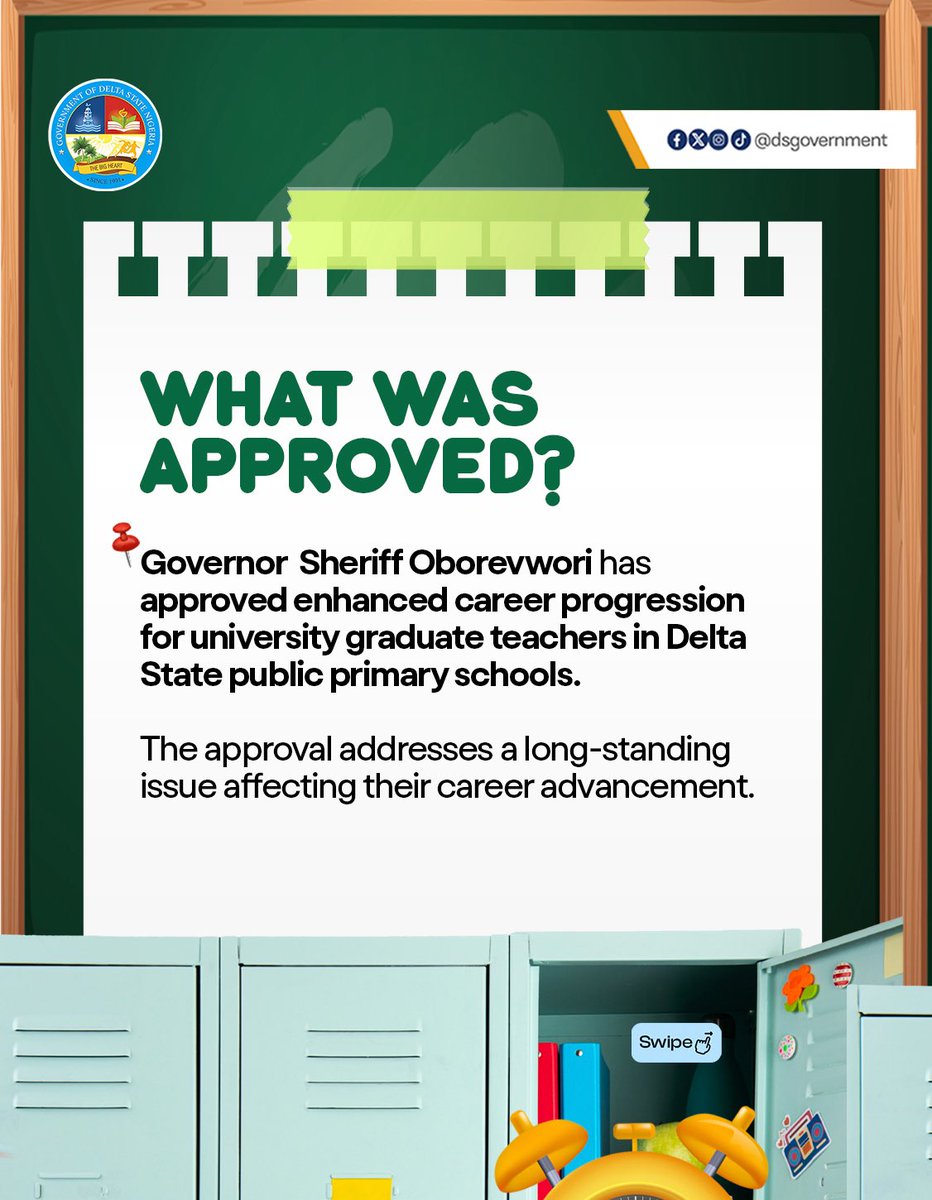 DSGovernment's tweet photo. Governor Sheriff Oborevwori has approved enhanced career progression for university graduate teachers in Delta State public primary schools, marking a significant step in strengthening the state’s education sector.

The approval resolves a long-standing issue that had affected the career advancement of graduate teachers, reinforcing the administration’s commitment to building a stronger and more effective public education system.