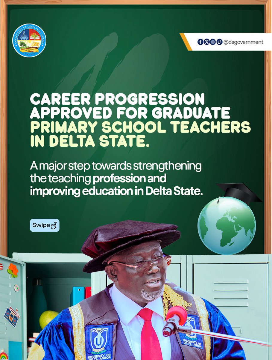 DSGovernment's tweet photo. Governor Sheriff Oborevwori has approved enhanced career progression for university graduate teachers in Delta State public primary schools, marking a significant step in strengthening the state’s education sector.

The approval resolves a long-standing issue that had affected the career advancement of graduate teachers, reinforcing the administration’s commitment to building a stronger and more effective public education system.