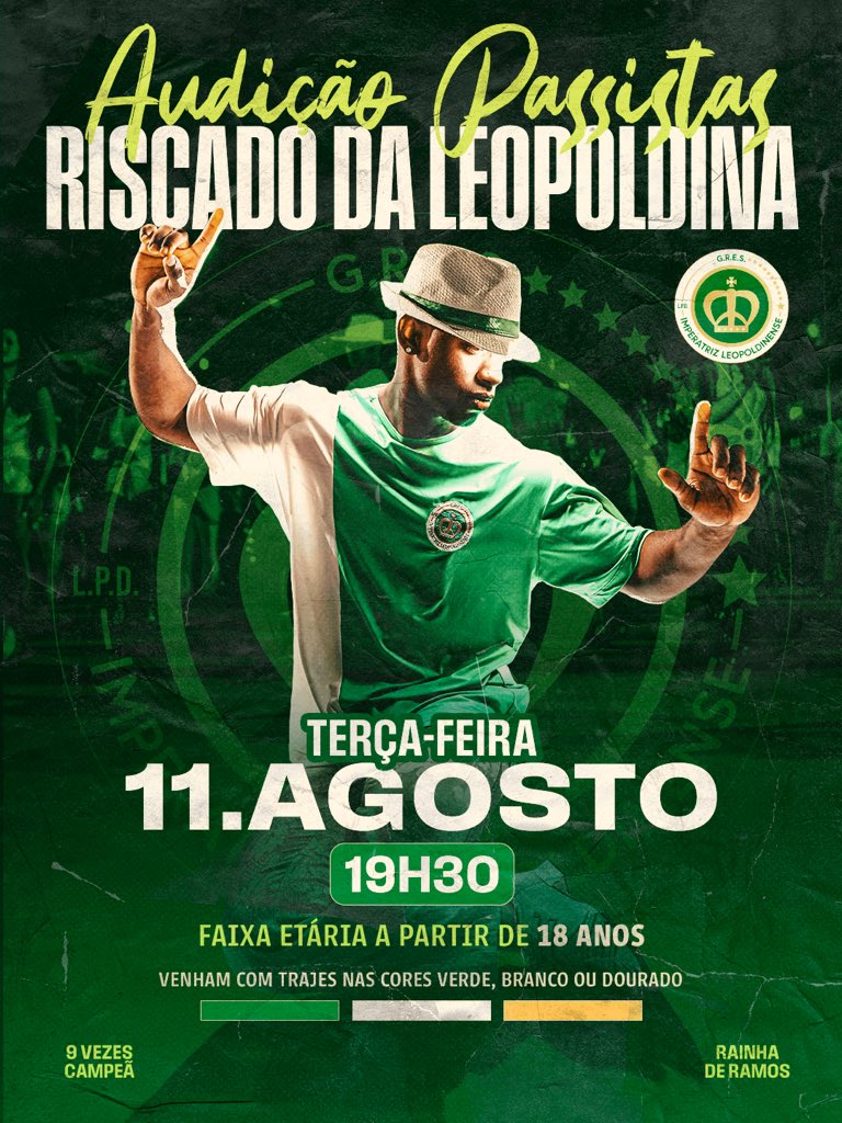 oficialgresil's tweet photo. Essa é pra você que sonha em fazer parte da nossa ala de passistas ;) Na terça-feira, 11/08, às 19h30, realizaremos nossa tão aguardada audição para a Riscado da Leopoldina. Não vai ficar de fora né?!

Informações completas na arte. 
Chega mais! #VemPraRamos #VempraRiscado https://t.co/2ABCKgcAHM