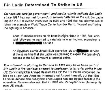25YearsAgoLive's tweet photo. President Bush’s daily brief is titled “Bin Laden determined to strike in US,” as his advisors warn of an imminent attack on the United States by al-Qaeda. 

The memo’s full content is not known to the press, but a limited snippet is released. https://t.co/RA7DoiKYIN