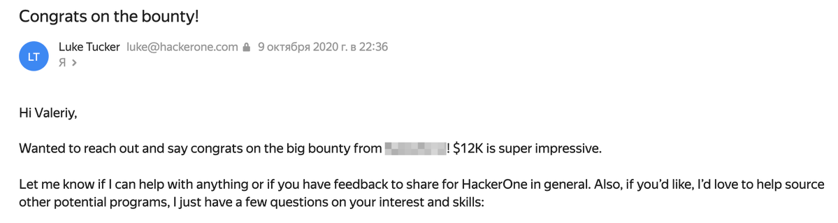 Krevetk0Valeriy's tweet photo. Back when I was just getting started with bug bounty, it was really important to feel recognized and supported. And I was pleasantly surprised when I received that recognition directly from @luketucker. 
I think that after that email, there was no turning back or slowing down for me. Huge thanks! 🙌 
To those reading this post, don't doubt your abilities! 😉