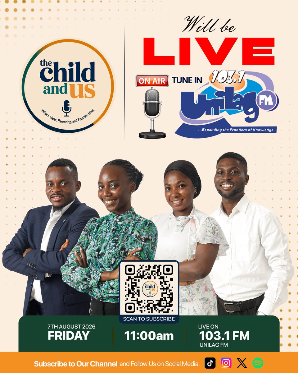 thechildandus's tweet photo. UP NEXT ON @unilagfm_1031  

The Child and Us will be live on UNILAG 103.1 FM on Friday, 7th August 2026, at 11:00 AM

Join us as we discuss important conversations on parenting, child development, education, and raising children in today's world. Whether you're a parent, teacher, caregiver, or simply passionate about children's growth and well-being, this conversation is for you.

📻 Station: UNILAG 103.1 FM
🗓 Date: Friday, 7th August 2026
⏰ Time: 11:00 AM

Don't forget to subscribe to our YouTube channel, and follow The Child and Us on all our social media platforms so you never miss our insightful conversations, expert interviews, and practical parenting tips.

We look forward to having you join us!