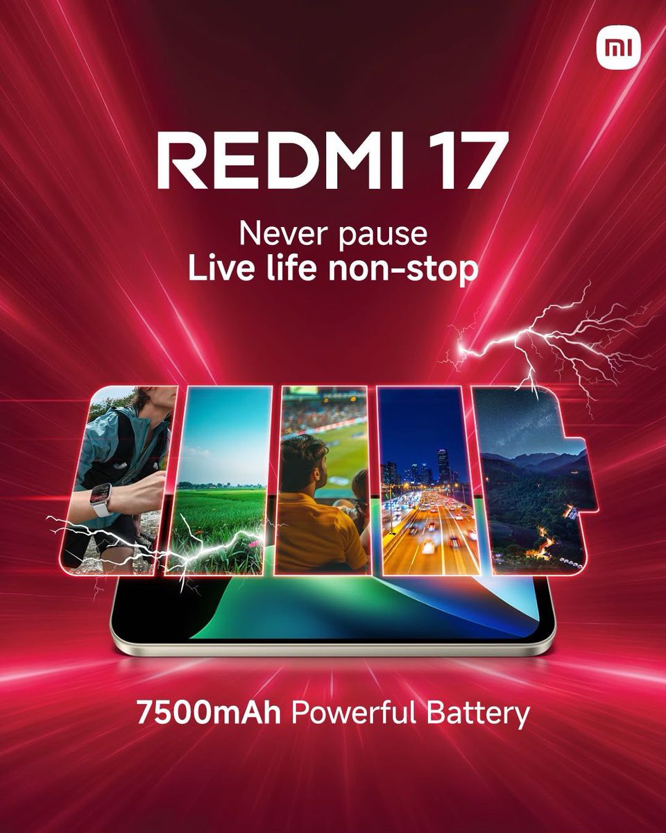 MiBangladesh's tweet photo. Live without limits. Live non-stop! 

Powered by a massive 7,500mAh battery, the REDMI 17 is here to keep up with your daily hustle.⚡

Visit your nearest Xiaomi store and upgrade to REDMI 17 today!

#REDMI17 #POWER #NonStopEverything #XiaomiBangladesh https://t.co/v6wqUlkDBw