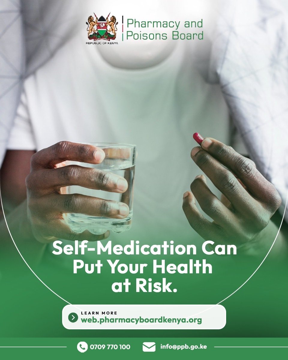 ppbkenya's tweet photo. Taking medicines without professional guidance can put your health at risk. Always seek advice from a qualified healthcare professional and use medicines exactly as prescribed.
Your health matters—make informed choices.
#KnowPPB #MedicineSafety https://t.co/DZw4NiNszS