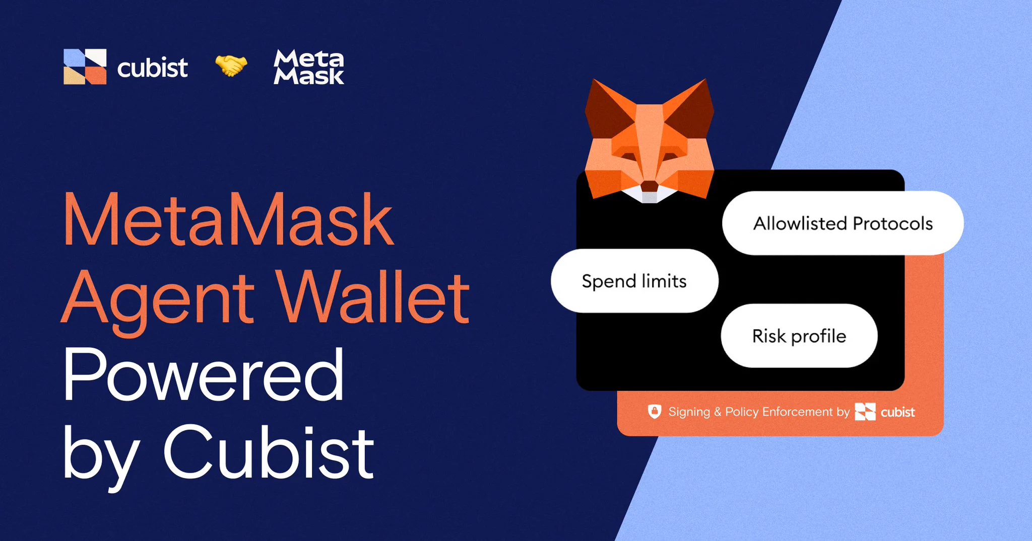 MetaMask Agent Wallet Powered by Cubist 
Spend limits, allowlisted protocols, risk profile
Signing & policy enforcement by Cubist