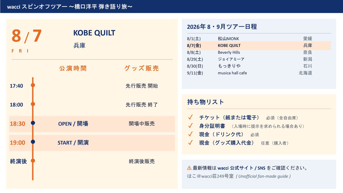 hako_cube's tweet photo. wacci スピンオフツアー
〜橋口洋平 弾き語り旅〜
兵庫公演の当日用ガイドです

#wacci
#橋口洋平弾き語り旅
#非公式 https://t.co/CwVjwaFPIS