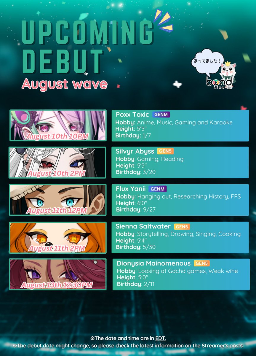 bondliver_en's tweet photo. ✨＼\Debut Schedule/／ ✨ 
Finally Emerging from the Basement 😎
Debuting in August! #IRIAMUS #bondliveEN

※Debut dates might change, so please check the latest info from the streamers! https://t.co/ewG63p5Scb