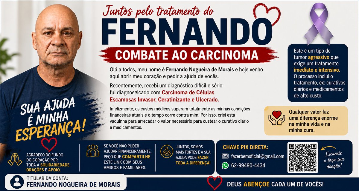 SAUDETOTAL4's tweet photo. 🙏 Estou enfrentando uma batalha contra um Carcinoma e preciso de ajuda para custear curativos diários, medicamentos e tratamento.
💳 PIX: fazerbemoficial@gmail.com ou 62994904434 🔄 Se não puder doar, compartilhe. Sua ajuda pode salvar uma vida! 🙏❤️
https://t.co/lY5lwljRpG https://t.co/CjQO3HuqXB
