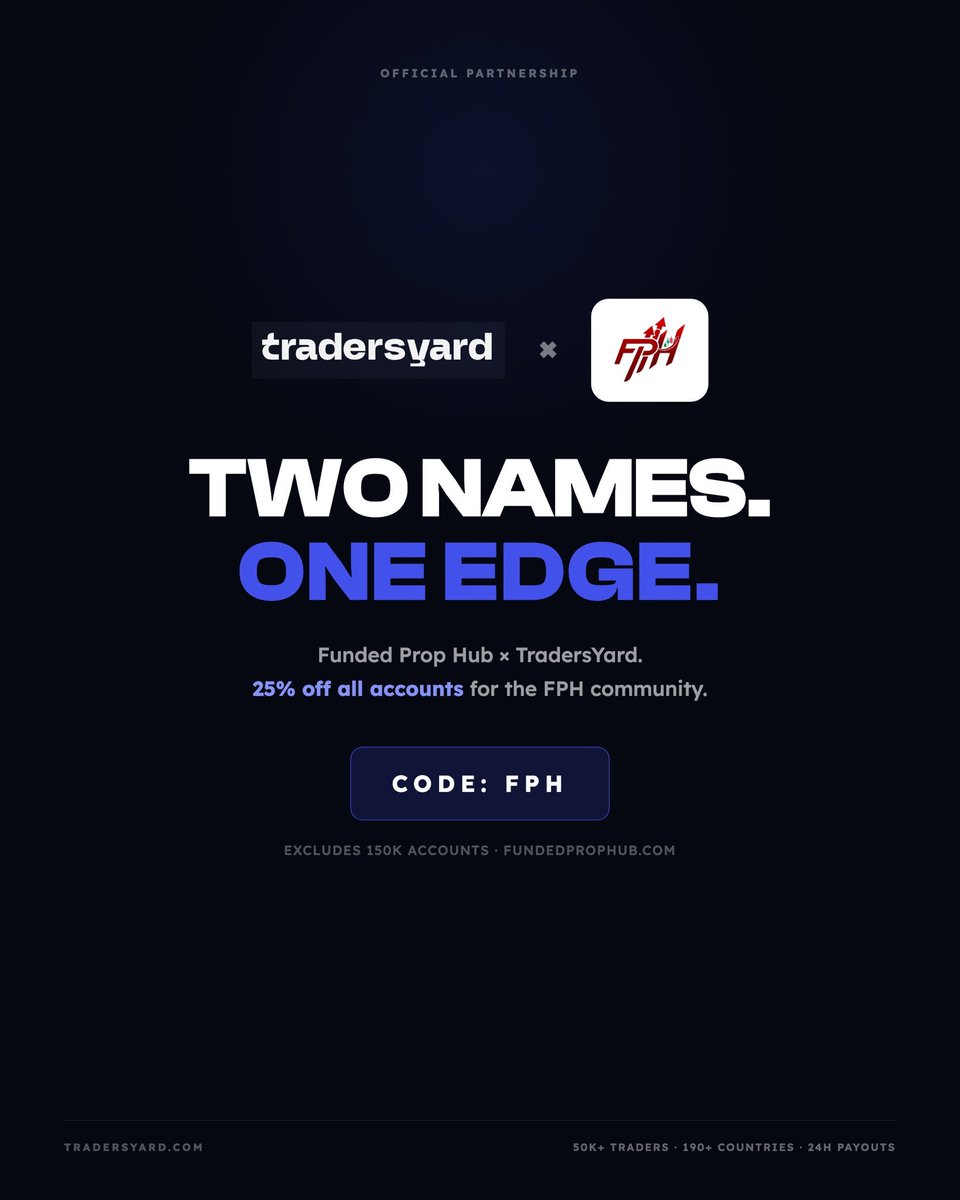 FundedPropHub's tweet photo. 🚨 GIVEAWAY + OFFICIAL COLLABORATION 🚨

We're proud to announce our official collaboration with TradersYard! 🤝

To celebrate, we're giving away 3 × $10,000 TradersYard Challenge Accounts 🎉

🏆 The TradersYard Tournament is now LIVE!
Compete against traders worldwide, climb the leaderboard, and win amazing prizes.

📢 How to enter:
✅ Follow @TradersYard & @FundedPropHub
❤️ Like this post
🔁 Repost
💬 Tag your trading partner

Don't miss your chance to win a funded account and prove your skills in the tournament.

#TradersYard #FundedPropHub #Giveaway #PropFirm #Trading #FundedTrader #Forex #Futures