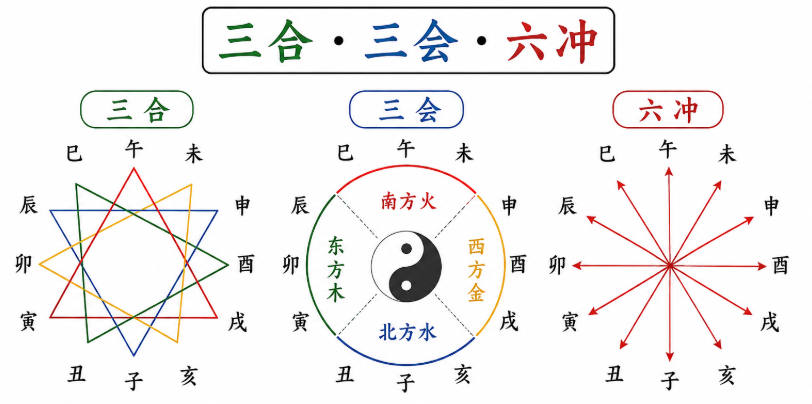 GodotKei's tweet photo. In traditional Chinese Five Elements theory, 三会 and 三合 create powerful and harmonious energy, whereas 六冲 represents conflict, change, contradiction, and impact https://t.co/xHCyK9ph0K