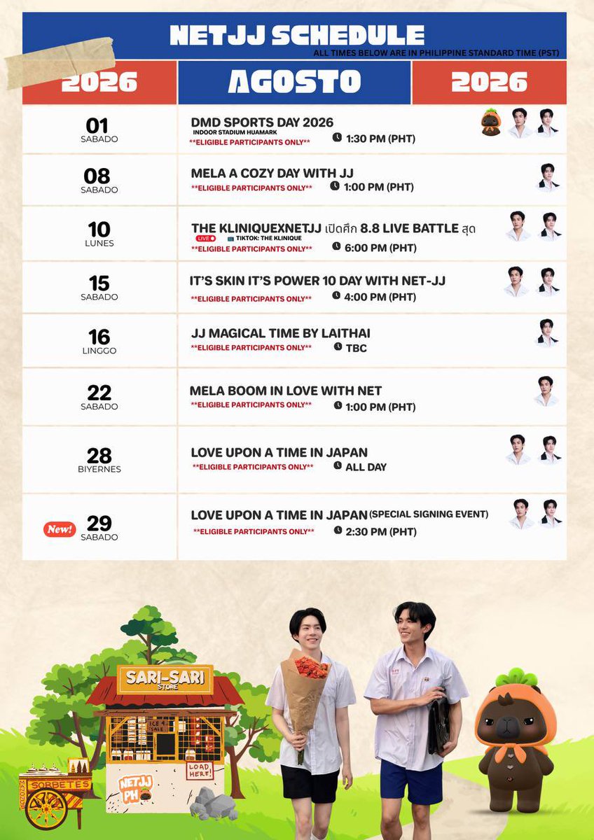 PHNETJJ's tweet photo. ✨UPDATED SCHEDULE OF NETJJ AUGUST 2026 ✨

Note: Schedule is subject to change depending on artist or event announcements. We will continue to update this post as new upcoming events are confirmed! Stay tuned!

#NETJJ #เน็ตเจเจ #netsiraphop #HAPPINET #jj_rcp #juju
#phnetjj https://t.co/zFRc91w7J8