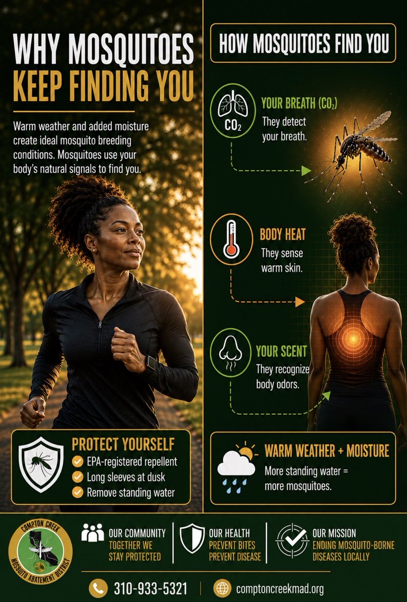 ComptonCreekMAD's tweet photo. Mosquitoes track CO2, body heat, and lactic acid — all spike when you've been active outside. El Niño is keeping those conditions elevated later into evenings this summer. Apply repellent after outdoor activity, not just before you head out. #ElNino #MosquitoScience 
#Compton https://t.co/ZqAi0PbL2X