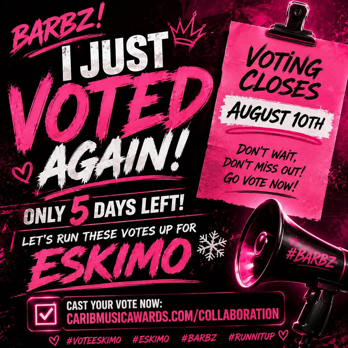 ShyAxxShay's tweet photo. ๐จ BARBZ, ITโS GO TIME! ๐จ๐ฉท
Every vote matters, and weโre not slowing down! โ๏ธ
I just voted againโdid you? ๐
Voting closes August 10th! Letโs push ESKIMO across that finish line! ๐๐ฅ
๐ Cast your vote now: https://t.co/nUhiIzn3Uv
@NICKIMINAJ
#VoteEskimo #Eskimo #RunItUp https://t.co/wIA0NP1n8m