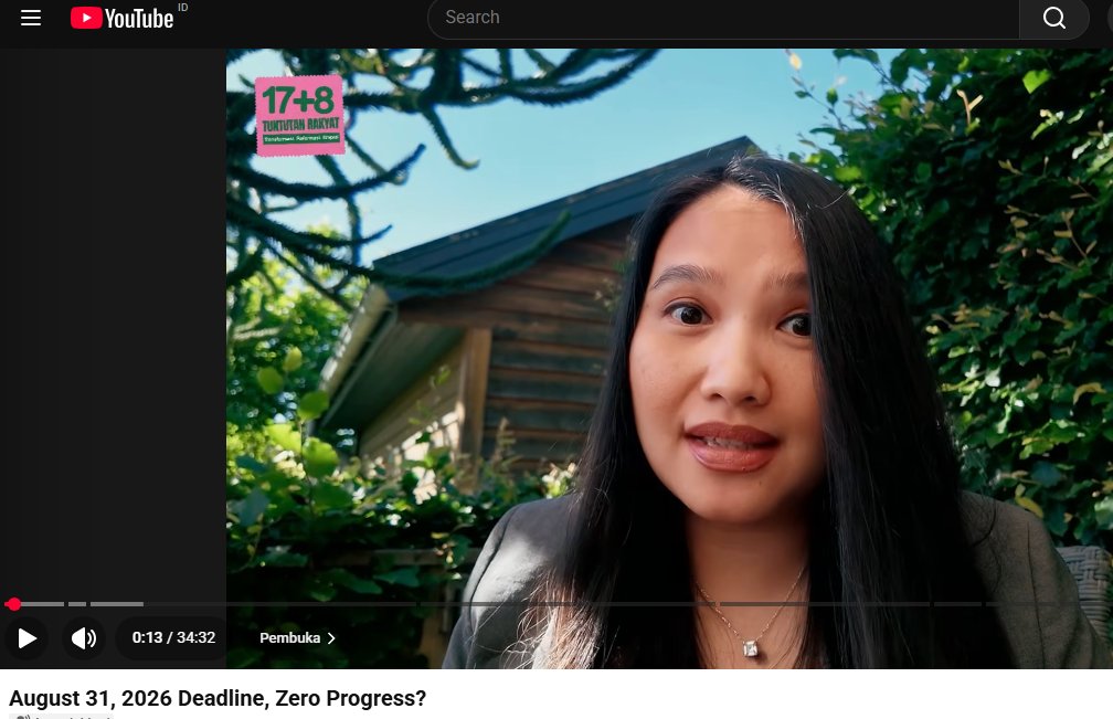 RA_leather's tweet photo. 📢 Salsa Erwina Kembali Soroti Tuntutan "17+8"

Melalui unggahan di YT dan IG berjudul: 
"August 31, 2026 Deadline, Zero Progress?"

Salsa Erwina mengingatkan bahwa tenggat 8 tuntutan jangka panjang gerakan 17+8 akan berakhir pada 31 Agustus 2026.

8 Tuntutan:
• Reformasi DPR & partai politik
• Reformasi perpajakan
• UU Perampasan Aset
• Penguatan KPK
• Reformasi Polri
• Penarikan TNI dari ranah sipil
• Penguatan lembaga pengawas
• Evaluasi PSN & UU Cipta Kerja

Ia mengajak publik terus mengawal realisasi tuntutan tersebut.