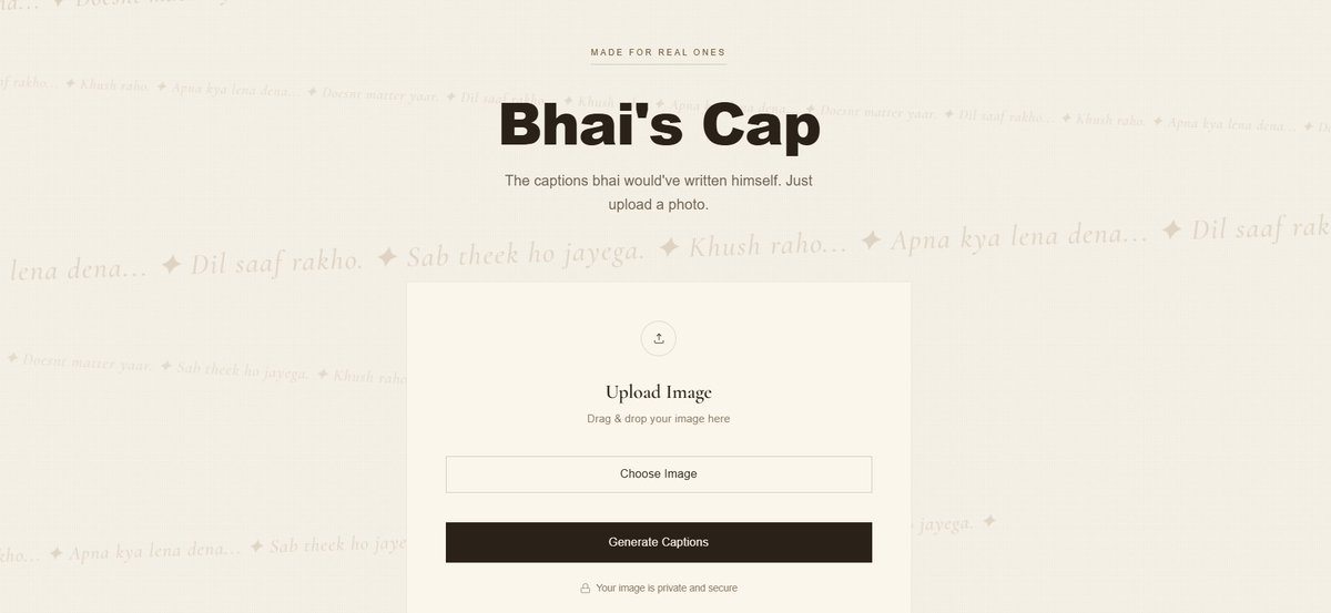 wadhwasanchit's tweet photo. built this cool lil project where you can generate captions inspired by @/BeingSalmanKhan 's iconic posting style.

just upload any photo and it'll generate multiple captions that feel like the kind of random thoughts bhai would post for the picture

link: https://t.co/cWkACQP4lZ https://t.co/gZ238WJ1YH