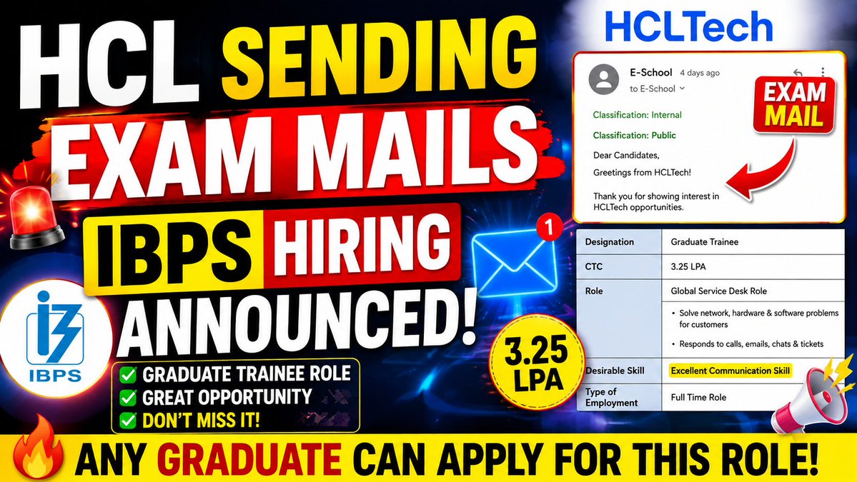 KST_JSH's tweet photo. 🚨 Freshers Alert!
📩 HCLTech Assessment Mails 2026 Released
🏦 IBPS CSA Notification 2027 Out
💻 TCS Free NQT Latest Update

🎥 Full Video: https://t.co/D7yNxZHmZH

#HCLTech #IBPS #TCSNQT #FreshersJobs #OffCampus #Jobs #Hiring #JobSeekersHub #Careers #IndiaJobs https://t.co/SCErByalaH