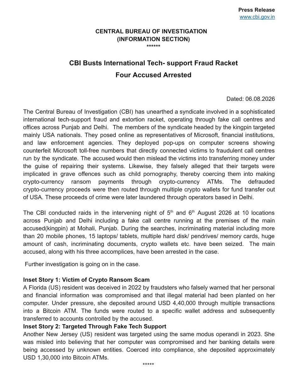 CBIHeadquarters's tweet photo. CBI Busts International Tech- support Fraud Racket

Four Accused Arrested https://t.co/QkOcDaZwuL