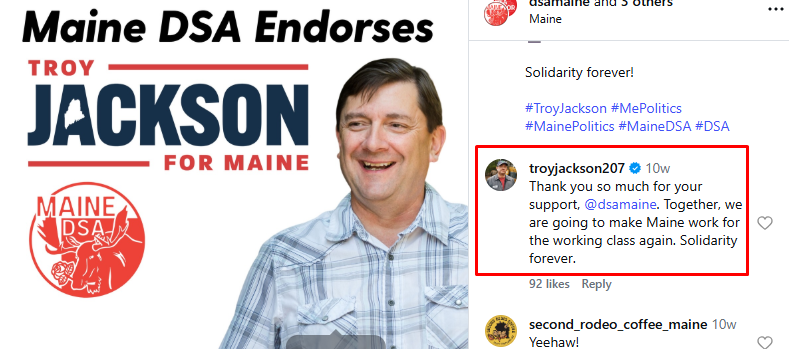 Katahdin5270's tweet photo. @TroyJackson207 "Solidarity forever!" to @DemSocialists 
But not to #Maine 
Not to @TheDemocrats 
Not to @MaineDems 
To the socialists. 
#FuckTheDSA https://t.co/jb69ASOi0D