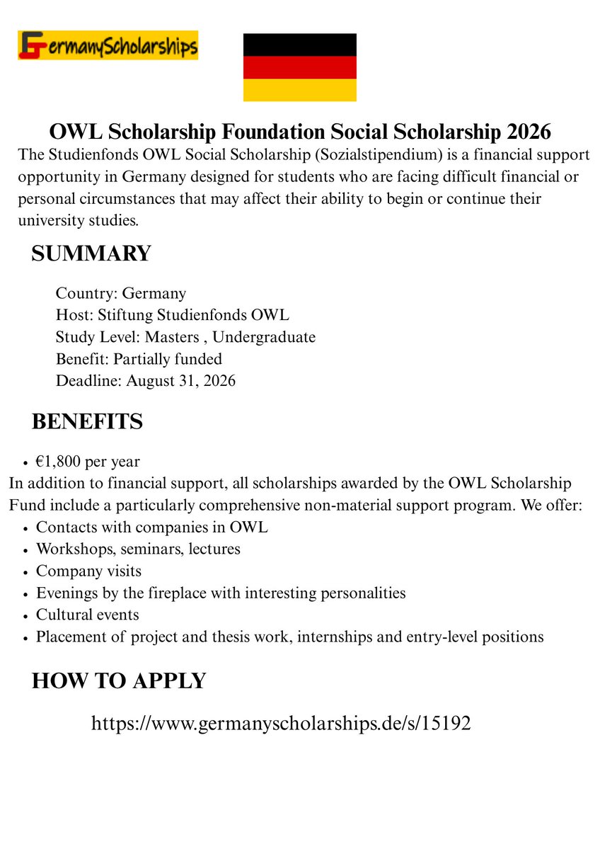 germanyscholars's tweet photo. OWL Scholarship Foundation Social Scholarship 2026
#GermanyScholarships #StudyInGermany https://t.co/BpU6fo4eqN