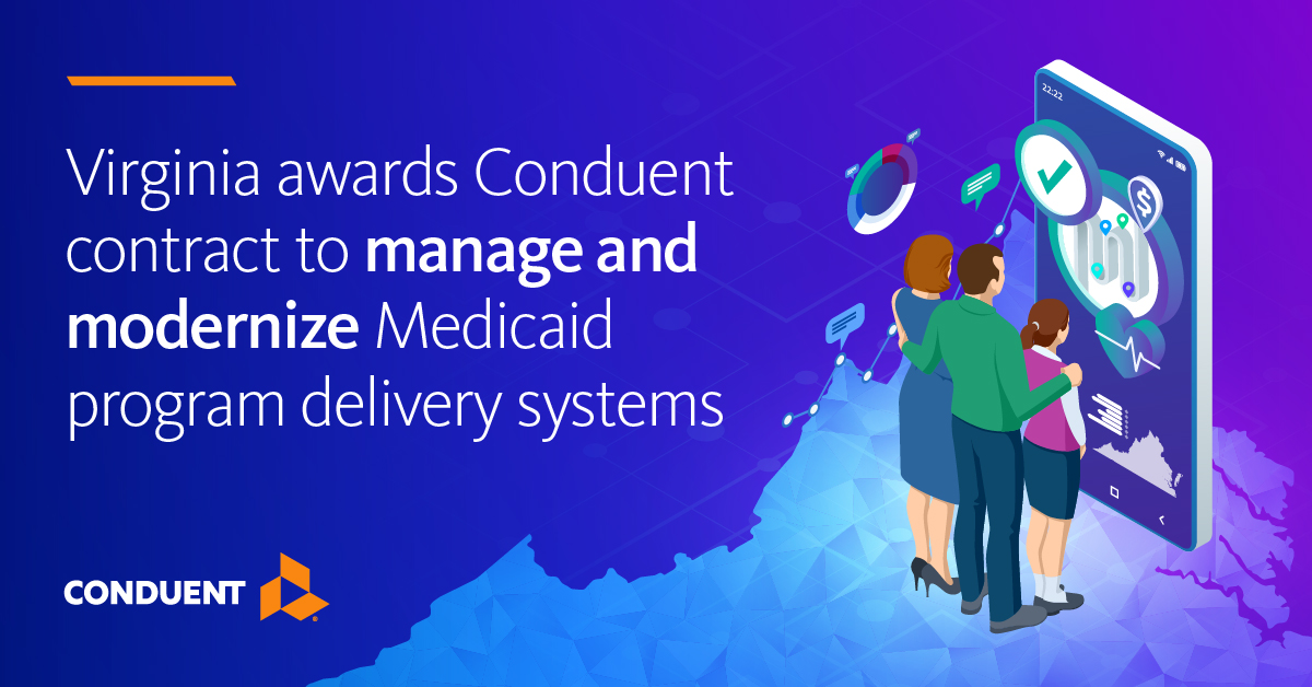 Conduent's tweet photo. We’re proud to continue our 25‑year partnership with #VirginiaMedicaid. The contract award allows us to modernize program delivery systems with #AI‑driven solutions, helping to improve outcomes for Virginians over the coming years. Learn more: https://t.co/YGIhtvRmES https://t.co/50cMMvz2Zq