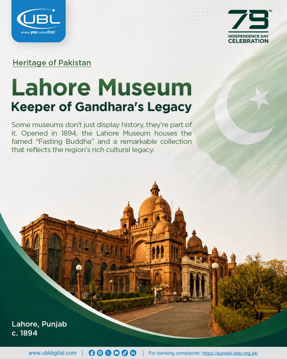 UBLDigital's tweet photo. 🇵🇰 Heritage of Pakistan takes us to the Lahore Museum—home to the iconic Fasting Buddha and a timeless collection celebrating our rich cultural heritage.
Complaints: https://t.co/dacinBVLlT
#UBLHeritageSeries #HeritageOfPakistan #LahoreMuseum #IndependenceDay #UBL https://t.co/4VT0aiXbZv