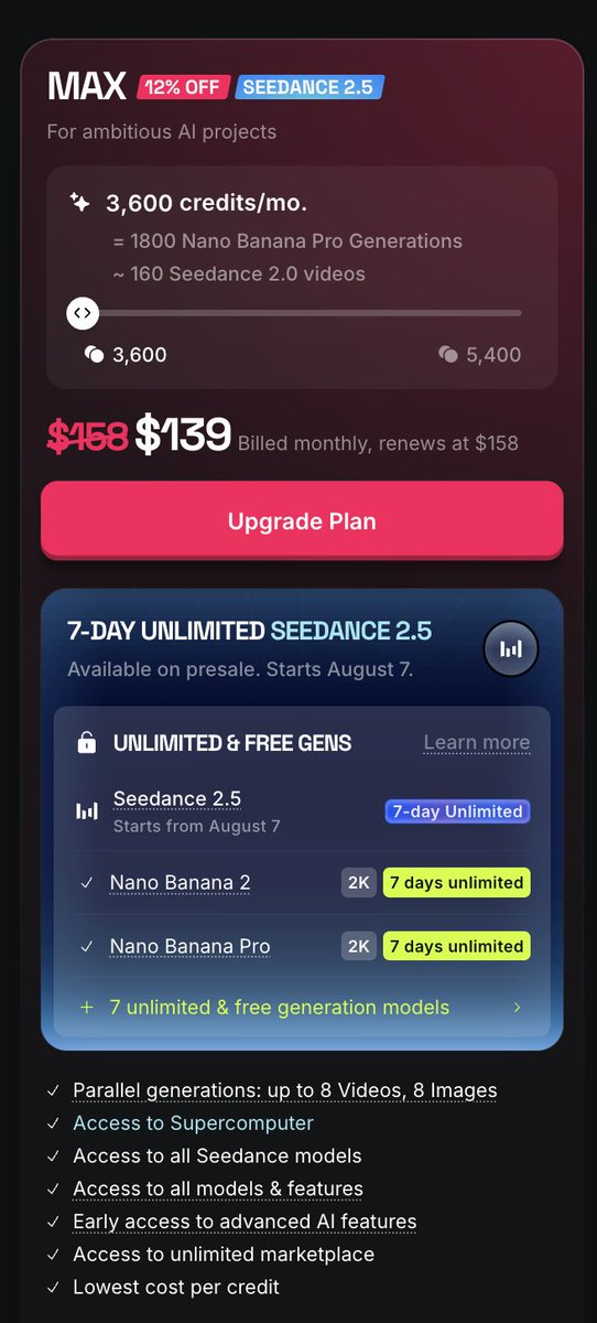 adrianabelarde_'s tweet photo. okay so higgsfield pricing is super scammy, sus, and honestly feels sketchy @higgsfield_ai

i bought it because they said unlimited seedance 2.5 would start on aug 6

but of course, when i refreshed the page… it suddenly moved to aug 7 (i bought it aug 5)

now it’s aug 6, 11:20 pm, and they updated it again, now it says aug 8

i’ve literally been taking screenshots every day checking their pricing page

what a scam
