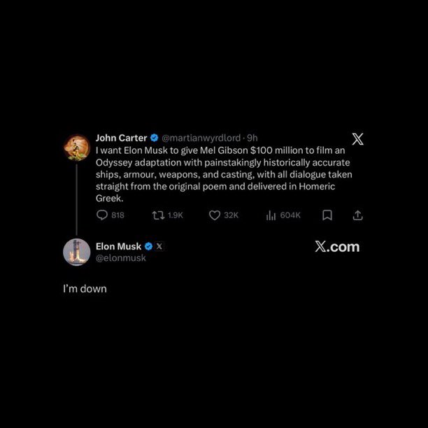 Real_MelGibsonQ's tweet photo. Elon Musk says he's down to fund Mel Gibson with $100,000,000 to create a historically accurate adaptation of 'The Odyssey' https://t.co/4ZOvaRYeb3