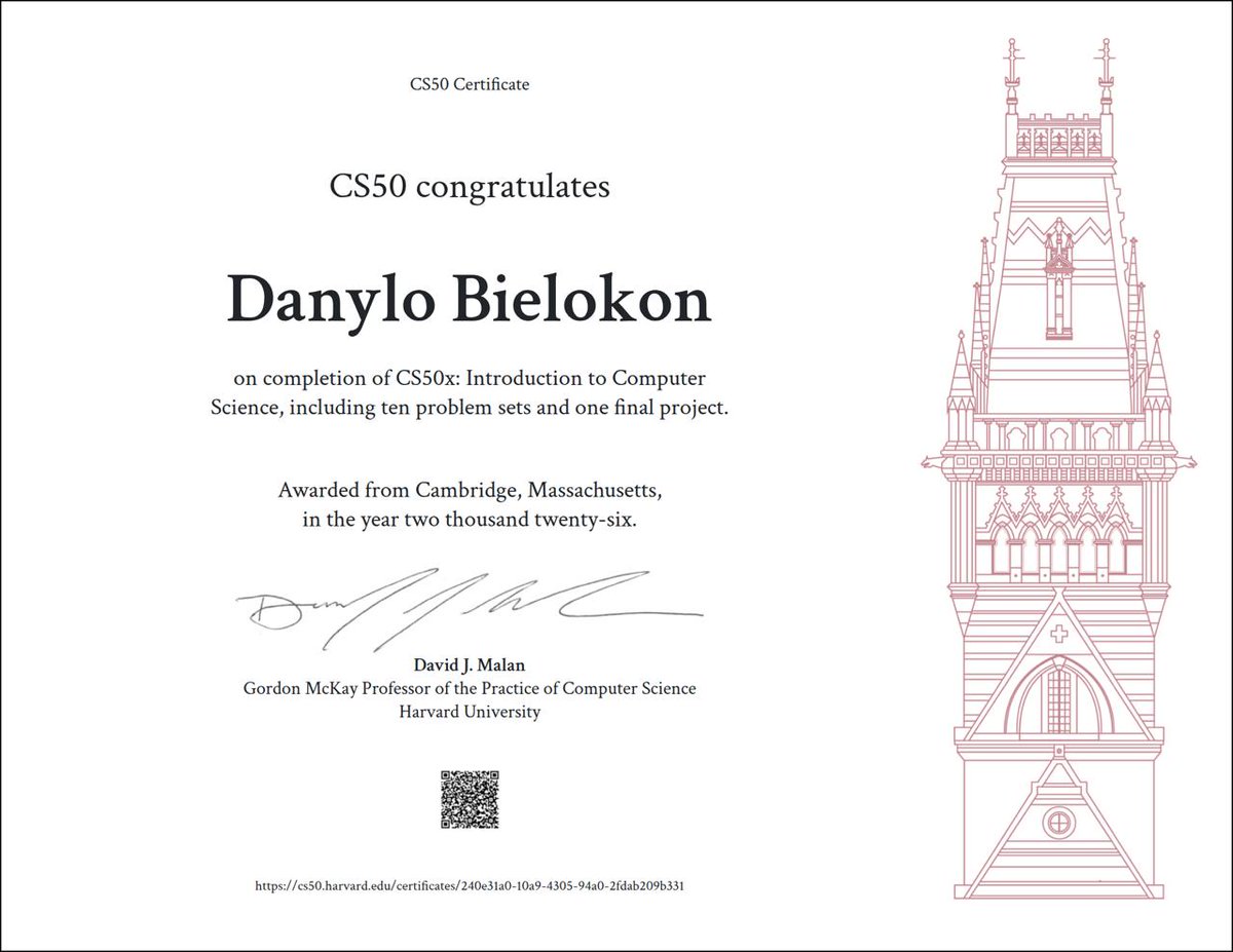 daniel_belokon's tweet photo. I'm a designer, and I recently completed the Harvard CS50 course (Introduction to Computer Science).
It took me 8 months, or 332 hours.

I’ve always wanted to learn programming, and when I saw that some designers had started coding with AI, I realized this was the new meta, and if I learned the basics, I could do it better than the rest. So I focused entirely on this course.

Was it worth the 8 months? Definitely yes.
Should all designers do this? Probably not.
