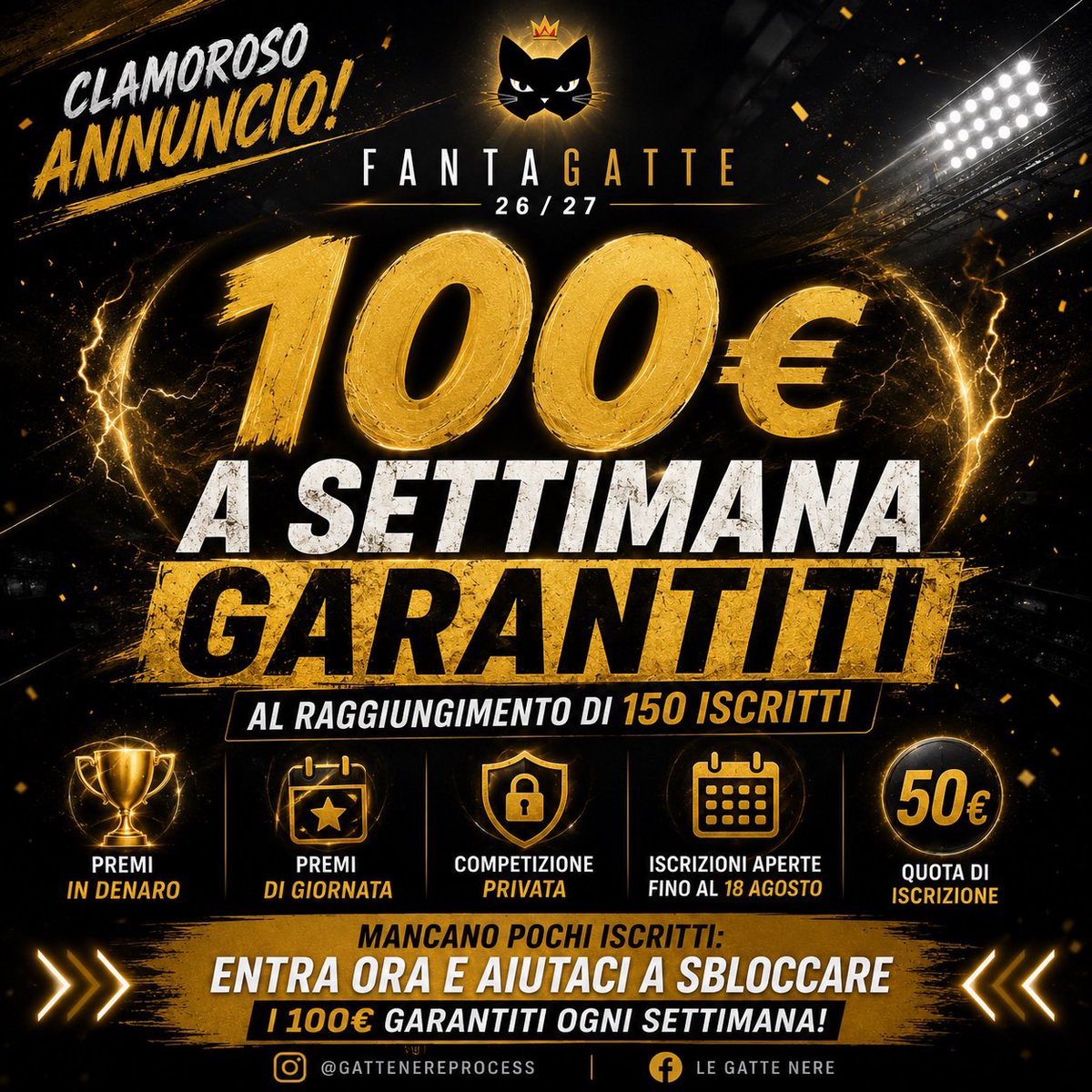 PeppeBonas's tweet photo. Cerchi un #Fantacalcio a listone serio? Nasce il FANTAGATTE 🐾⚽
💰 Iscrizione: 50€
🏆 Premio settimanale: 100€ al miglior punteggio di OGNI giornata!
🎁 + Ricchi premi finali per il podio.
Posti limitati. Scrivici subito in DM per il regolamento completo! 👇 #SerieA https://t.co/SfOsn0fdjd