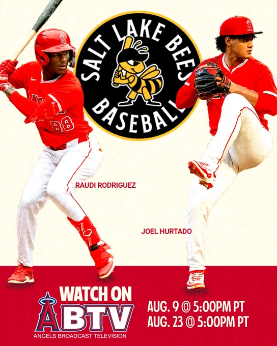 Salt Lake Bees (Angels AAA Affiliate) - Watch on ABTV: August 9 at 5:00pm PT, August 23 at 5:00pm PT. Angels prospects Raudi Rodriguez and Joel Hurtado are pictured. 