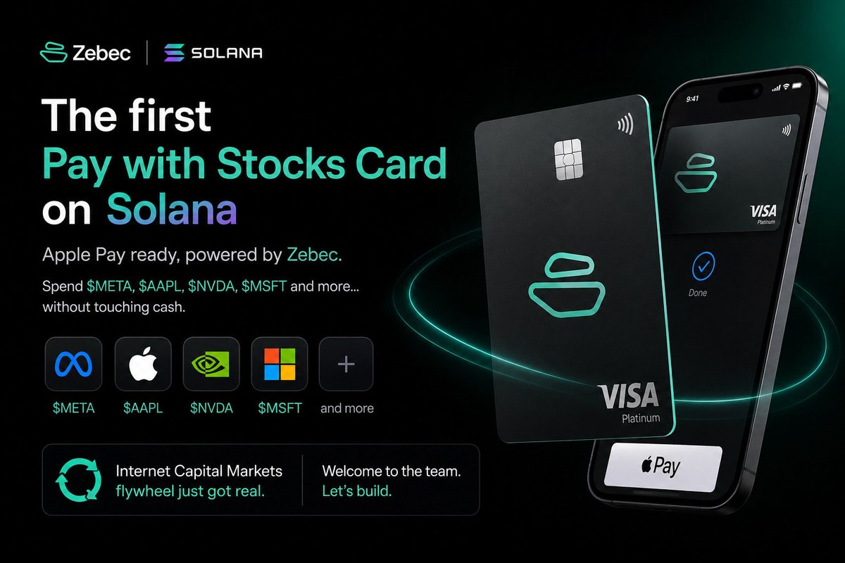 CaptainZackZBCN's tweet photo. This is massive. The first Pay with Stocks Card on @solana Apple Pay ready, powered by @Zebec_HQ.
Spend META, AAPL, NVDA, MSFT and more without touching cash.
Internet Capital Markets flywheel just got real. https://t.co/nZyQIB0DI7