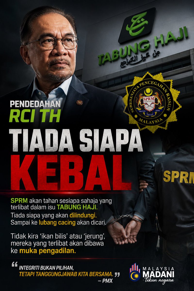 AbdulAf64458852's tweet photo. Tiada siapa kebal.

Jika terdapat bukti salah laku, tindakan mesti diambil tanpa mengira pangkat atau kedudukan. “Ikan bilis” atau “jerung”, semua perlu bertanggungjawab di sisi undang-undang.

#RCITabungHaji #SPRM #Integriti #MalaysiaMADANI https://t.co/feHQH4kcni