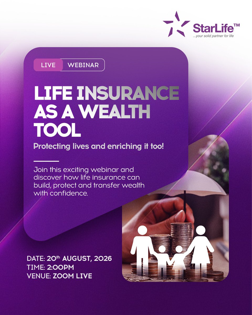 Starlifegh's tweet photo. Join our live webinar as we explore how life insurance can become a powerful financial tool for securing your future with confidence.
๐ Date: 20th August, 2026
๐ Time: 2:00 PM
๐ Venue: Zoom Live
#StarLife #YourSolidPartnerForLife #LifeInsurance #Webinar #SecureYourFuture https://t.co/QiAIhE1XTL