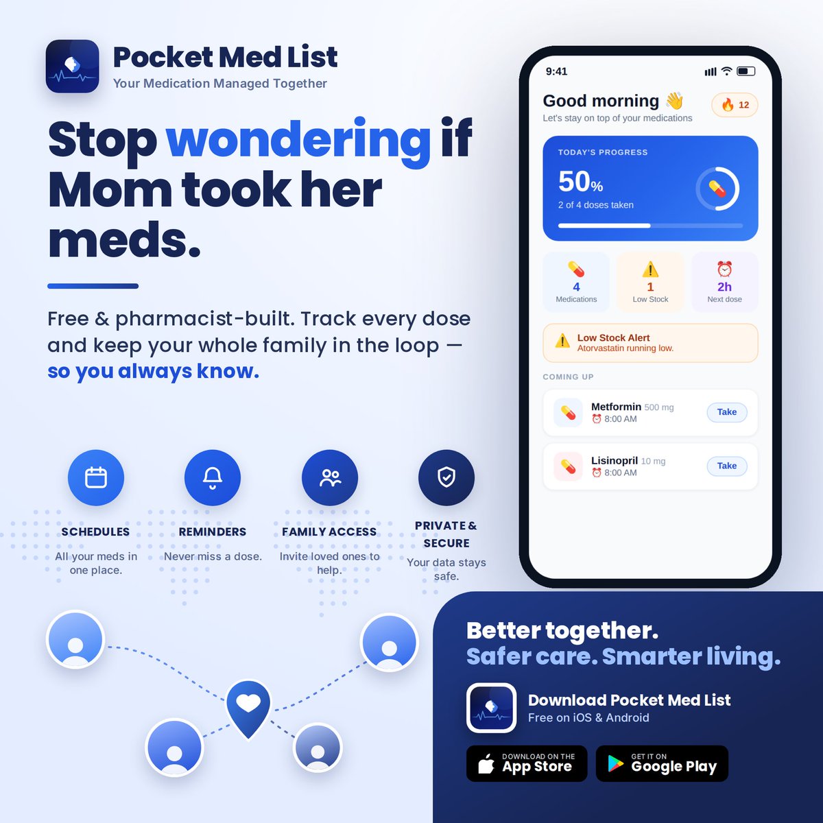 PocketMedList's tweet photo. Stop wondering if Mom took her meds.

Pocket Med List lets the whole family stay in the loop — schedules, reminders, low-stock alerts, and real-time updates. 

Free & pharmacist-built.
Download free on iOS & Android → 

App Store: https://t.co/VTcIMIQiZD

Google Play: https://t.co/e9CGaf0NGi

#MedicationAdherence #CaregiverSupport #FamilyCare #MedManagement #PocketMedList #HealthApp #SeniorCare