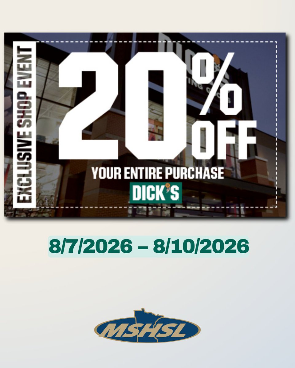 MSHSL's tweet photo. Gear up for the season with 20% off at DICK'S Sporting Goods!

Coupon: https://t.co/mtAkZ5JORv https://t.co/44t3N1NYyc