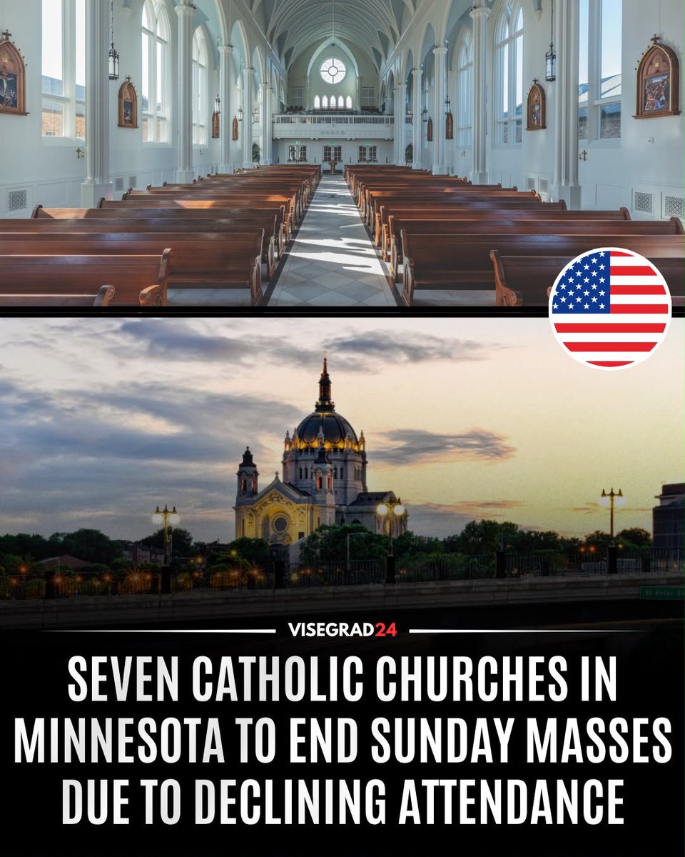 visegrad24's tweet photo. The Roman Catholic Diocese of Crookston in Minnesota, USA, will stop holding Sunday Mass at seven churches as it grapples with a shortage of priests, declining attendance, and shrinking rural populations.

Bishop Andrew Cozzens called the decision "one of the most difficult" of his ministry, citing aging congregations, a lack of young people in religious formation, too few volunteers, and too few priests to sustainably serve every parish.

The closures will reduce the diocese from 65 to 58 parishes.
The bishop also warned that some northern Minnesota counties are projected to lose 40% to 60% of their population over the next 20 years, further straining parish life.