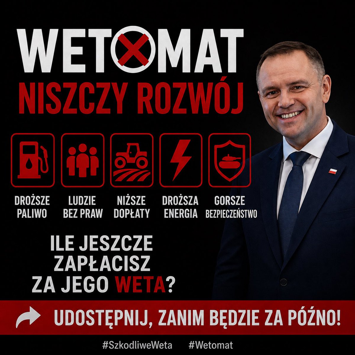KonradGwozdz_'s tweet photo. Mija rok prezydentury Karola Nawrockiego. Czy był to dobry rok?

Dla Prezydenta — na pewno. Świetnie się bawił wetując kolejne ustawy, a wraz z nimi szansę rozwoju Polski. Inicjatywy, które mogły przyspieszyć rozwój Polski, wesprzeć inwestycje i poprawić codzienne życie obywateli.

Po co? 
Tylko po to by utrudnić koalicji rządzenie, a tym samym zwiększyć szanse powrotu do władzy jego partii… problem w tym, że na tym tracą obywatele. 

Dlatego rozpoczynam serię 5 najbardziej szkodliwych wet Prezydenta. Pokażę konkretnie, jakie były ich skutki i kto na nich stracił.

A jakie są Wasze typy? Które weto powinno znaleźć się w tej piątce?

#Wetomat #szkodliweweta